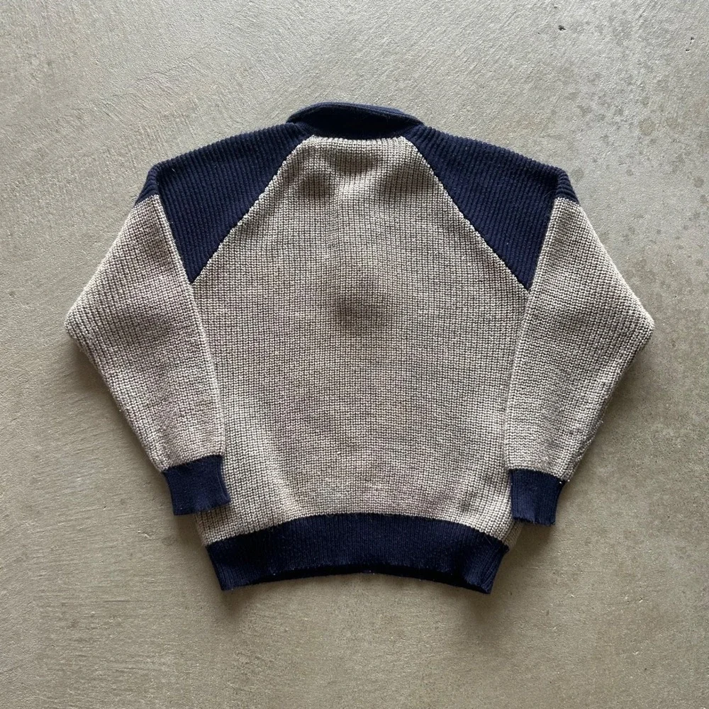 Vintage 70s Franconia Henley Sweater Size XL Tan Navy Blue Collared Pullover